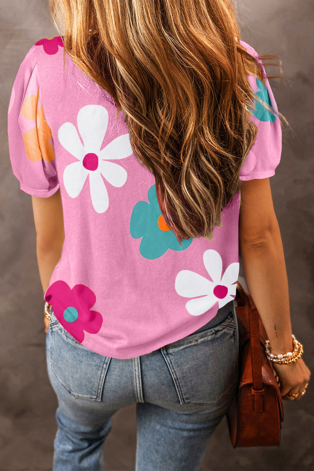 Flower Round Neck Short Sleeve Blouse Flower Round Neck Short Sleeve Blouse